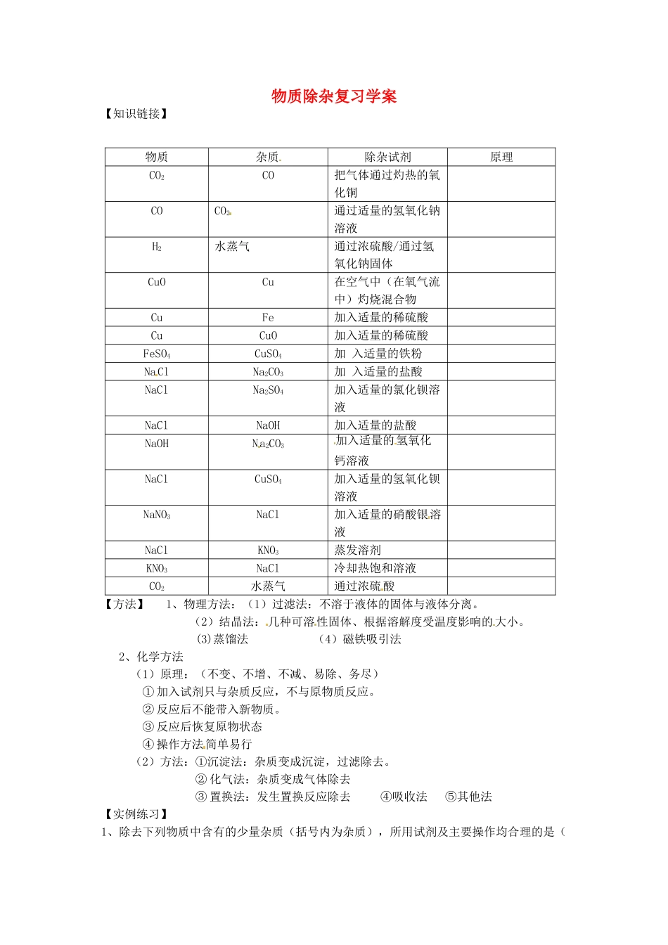 山东省济南市长清区双泉中学九年级化学 物质除杂复习学案_第1页