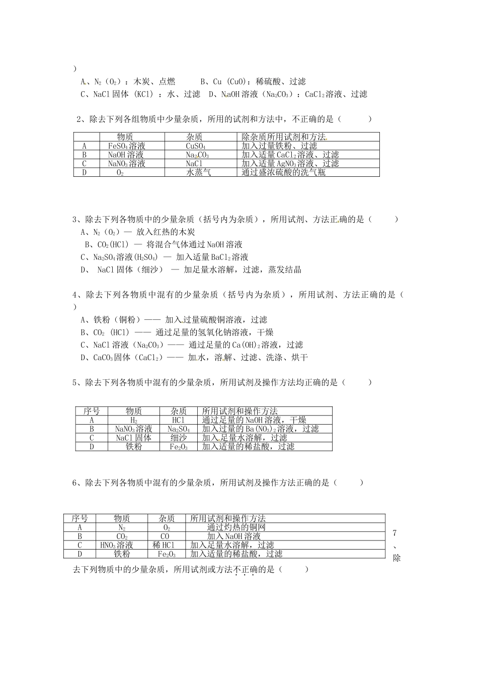 山东省济南市长清区双泉中学九年级化学 物质除杂复习学案_第2页