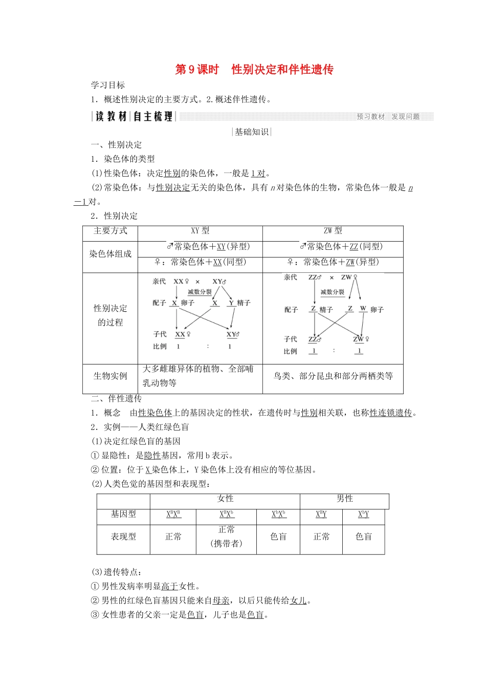高中生物 第三章 遗传和染色体 第9课时 性别决定和伴性遗传学案 苏教版必修2-苏教版高一必修2生物学案_第1页