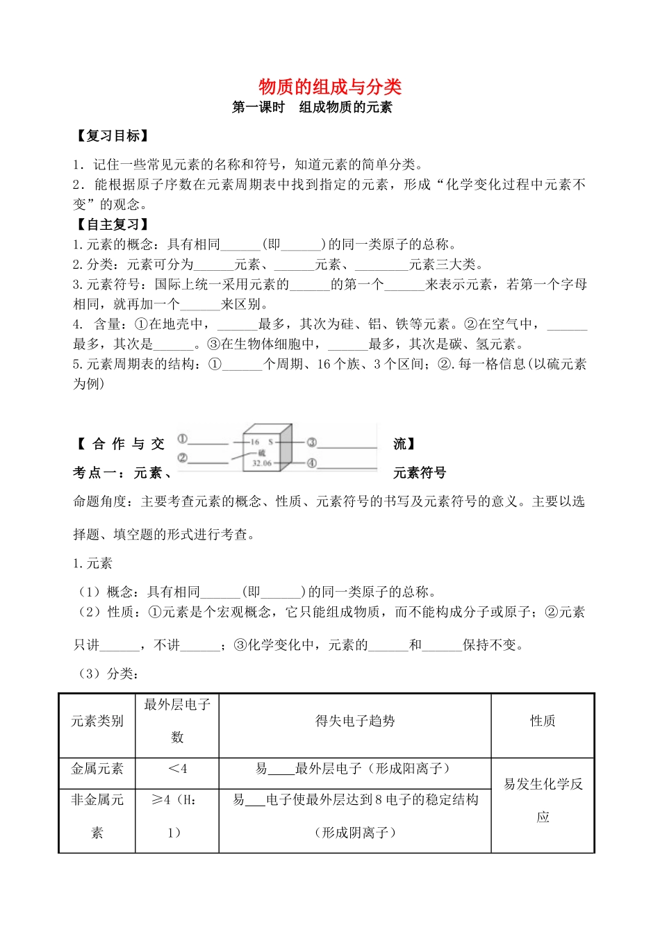 中考化学复习 物质的组成与分类 第1课时 组成物质的元素学案 新人教版-新人教版初中九年级全册化学学案_第1页