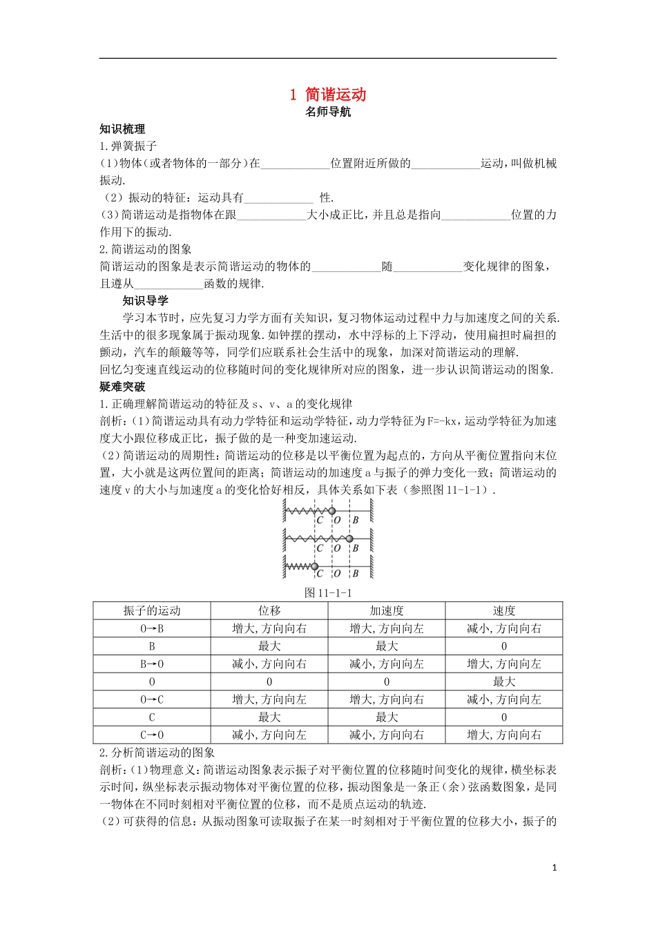高中物理 第十一章 机械振动 1 简谐运动名师导航学案 新人教版选修3-4-新人教版高二选修3-4物理学案_第1页