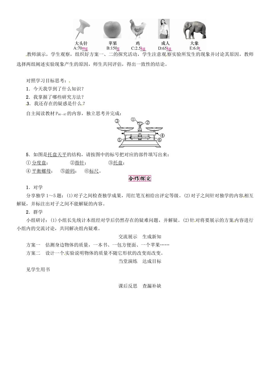 （贵阳专版）秋八年级物理全册 第5章 质量与密度 第1节 质量导学案 （新版）沪科版-（新版）沪科版初中八年级全册物理学案_第2页