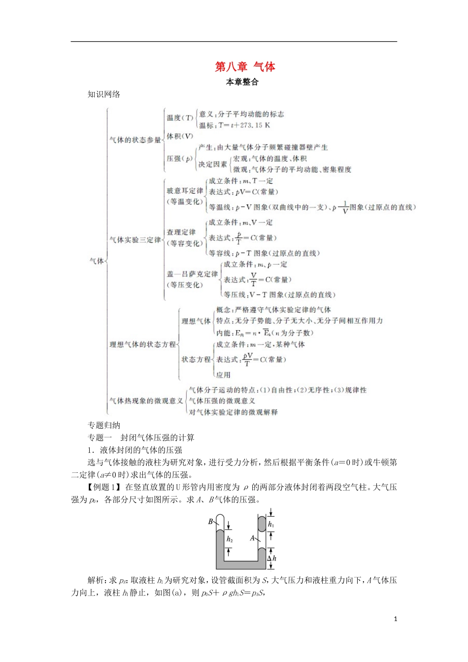 高中物理 第八章 气体本章整合学案 新人教版选修3-3-新人教版高二选修3-3物理学案_第1页