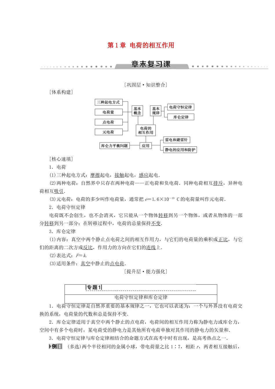 高中物理 第1章 电荷的相互作用章末复习课学案 沪科版选修3-1-沪科版高二选修3-1物理学案_第1页