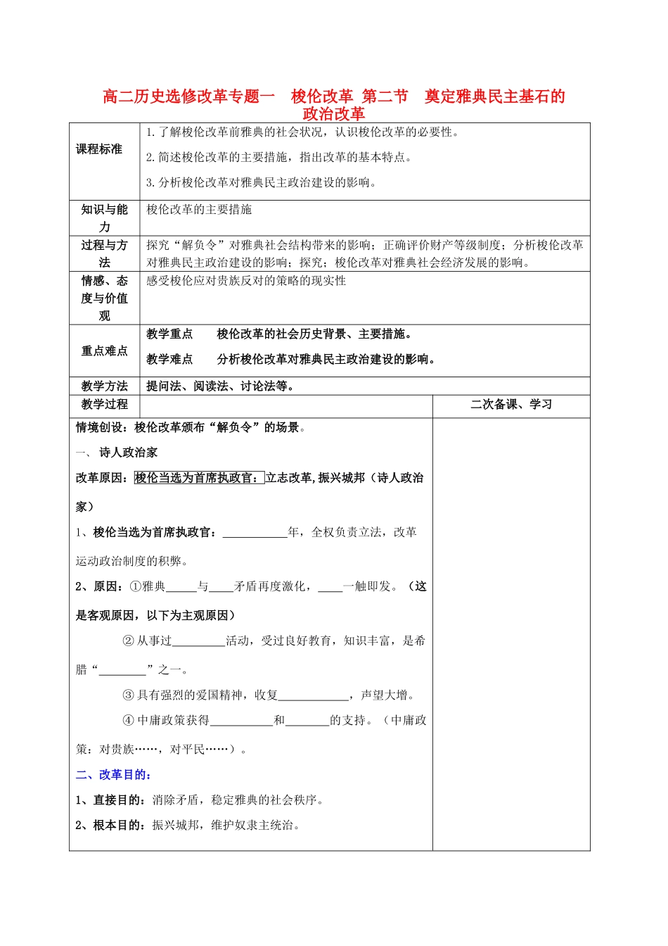 高二历史 改革专题一 梭伦改革  第一节  雅典往何处去学案导学 新人教版选修_第1页