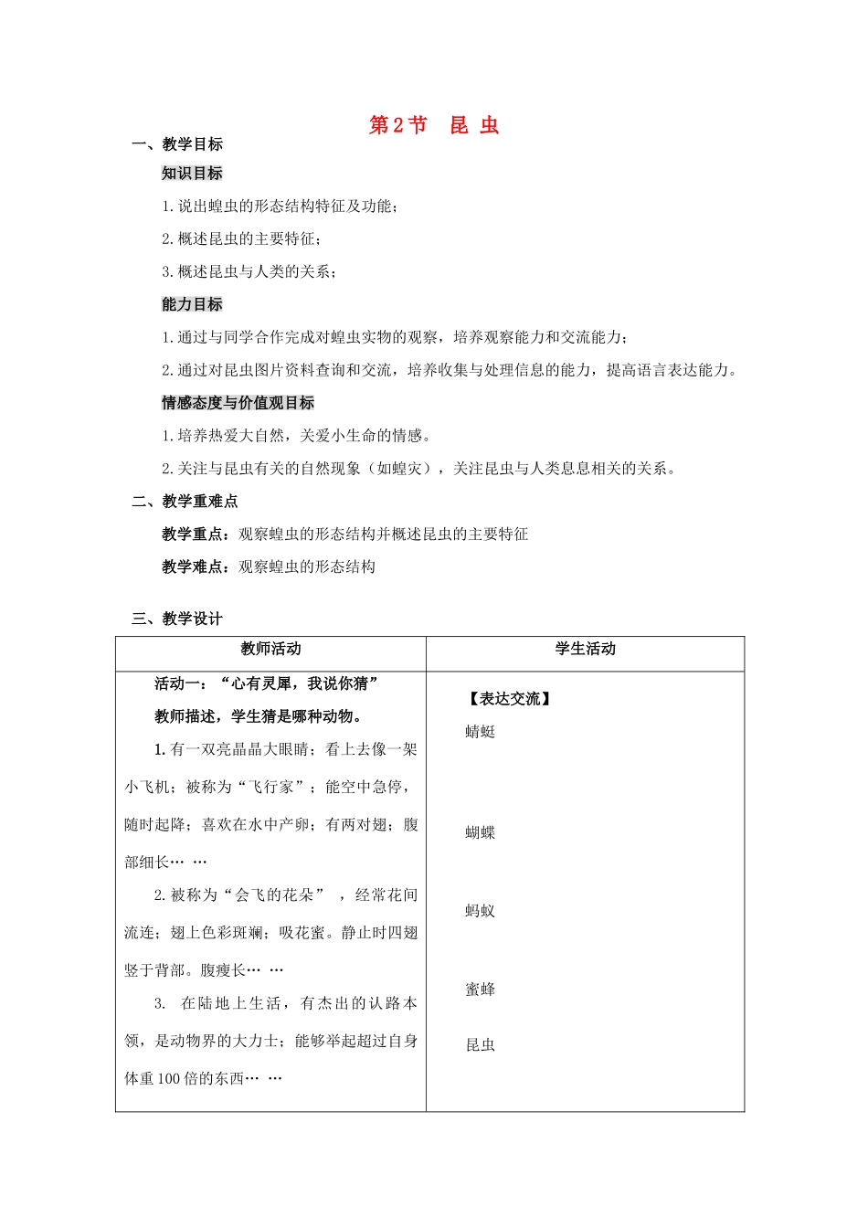 【名师课堂】江苏省2014年七年级生物下册 12.2 昆虫教案 （新版）苏科版_第1页