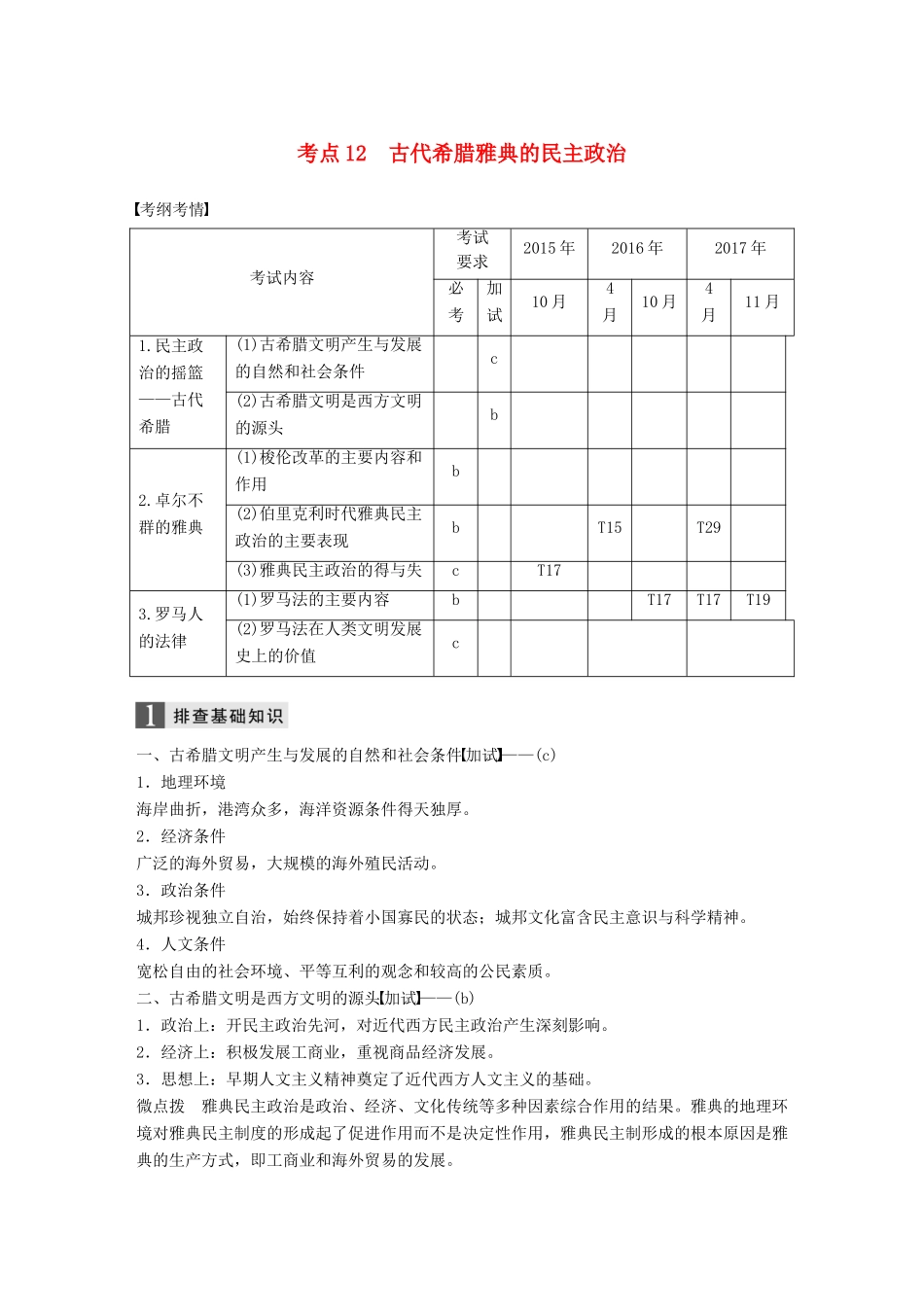 （浙江选考）高考历史一轮总复习 专题五 古代希腊、罗马的政治文明 考点12 古代希腊雅典的民主政治学案-人教版高三全册历史学案_第1页