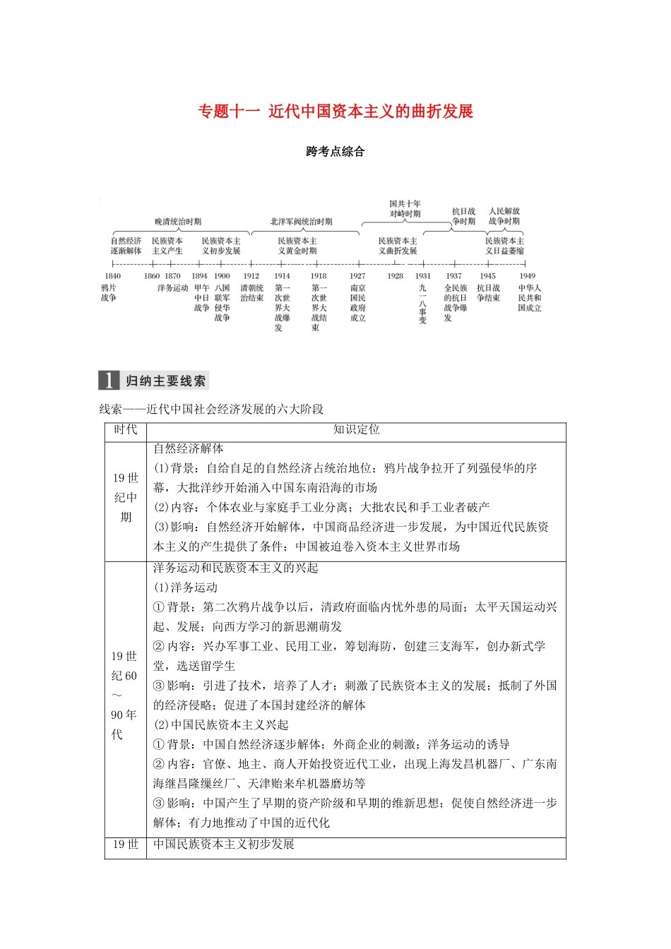 （浙江选考）高考历史一轮总复习 专题十一 近代中国资本主义的曲折发展跨考点综合学案-人教版高三全册历史学案_第1页