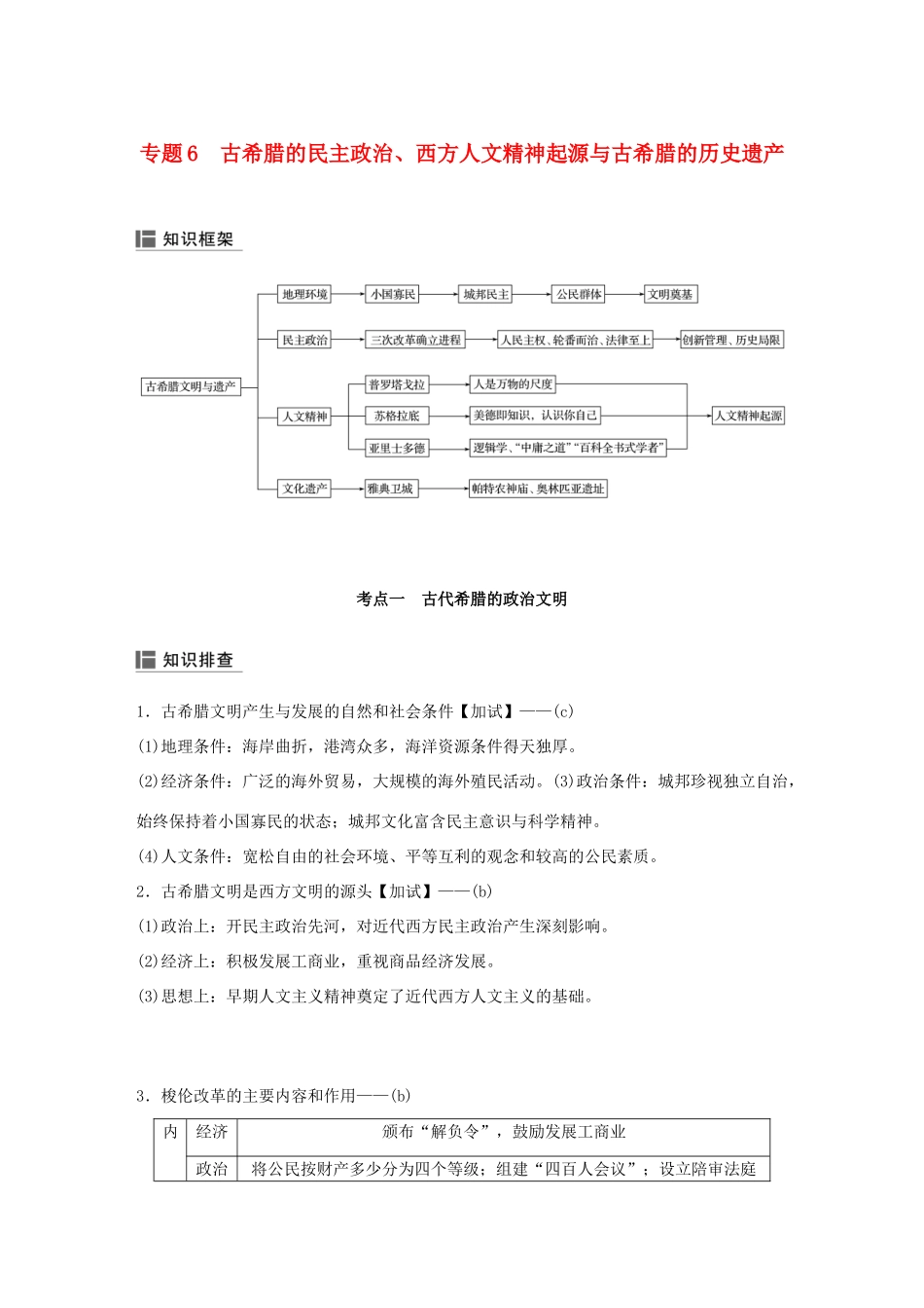 （浙江选考）高考历史二轮专题复习 板块一 古代的中国和世界 专题6 古希腊的民主政治、西方人文精神起源与古希腊的历史遗产学案-人教版高三全册历史学案_第1页