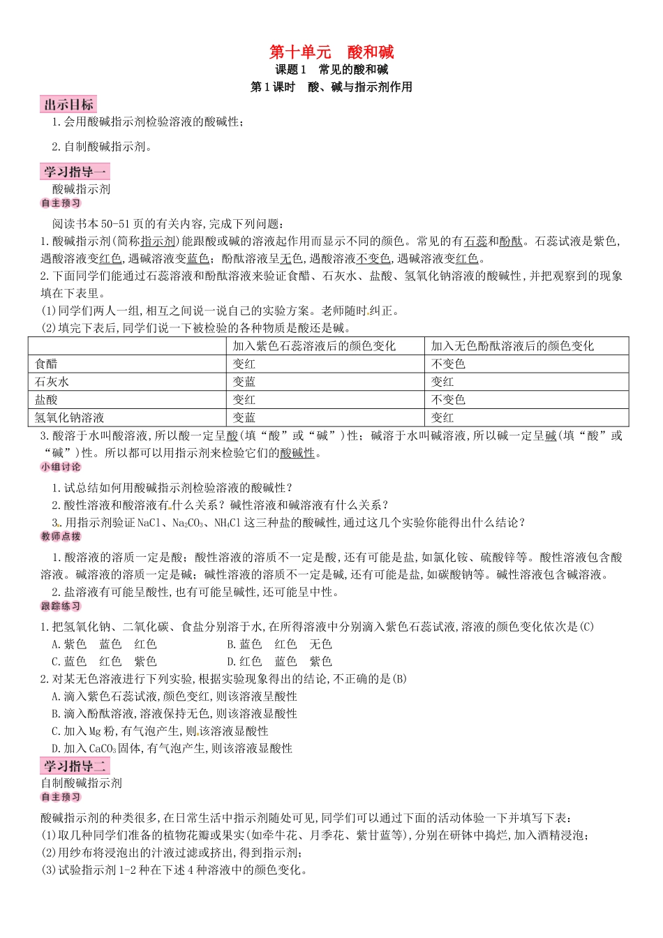 名校导学春九年级化学下册 第十单元 酸和碱 课题1 常见的酸和碱导学案 （新版）新人教版-（新版）新人教版初中九年级下册化学学案_第1页