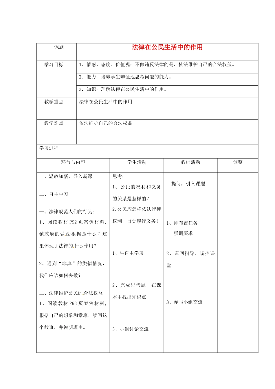 八年级政治上册 法律在公民生活中的作用导学案 鲁教版_第1页