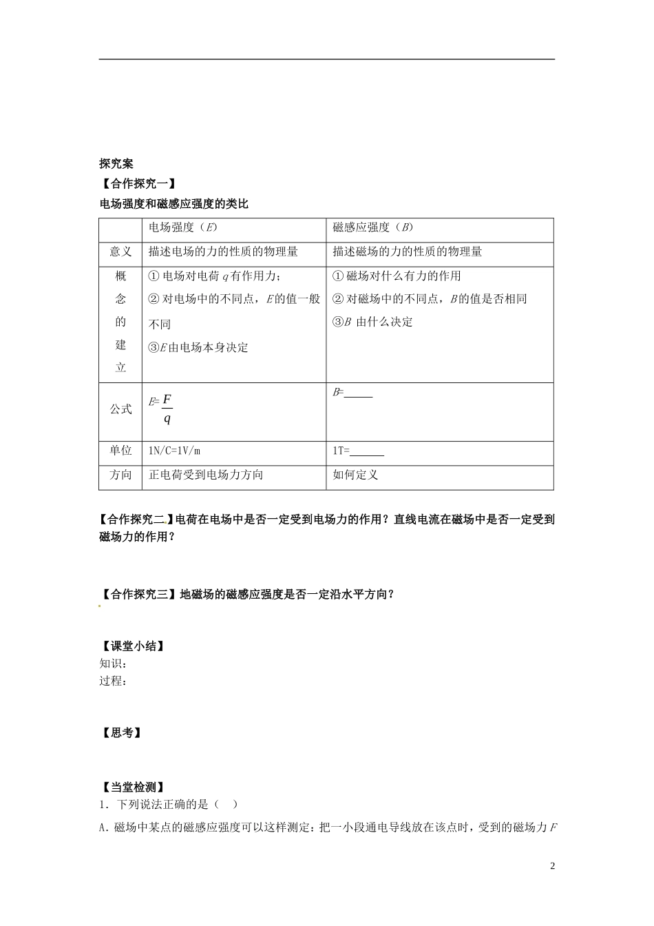 高中物理 3.2磁感应强度导学案 新人教版选修3-1-新人教版高二选修3-1物理学案_第2页