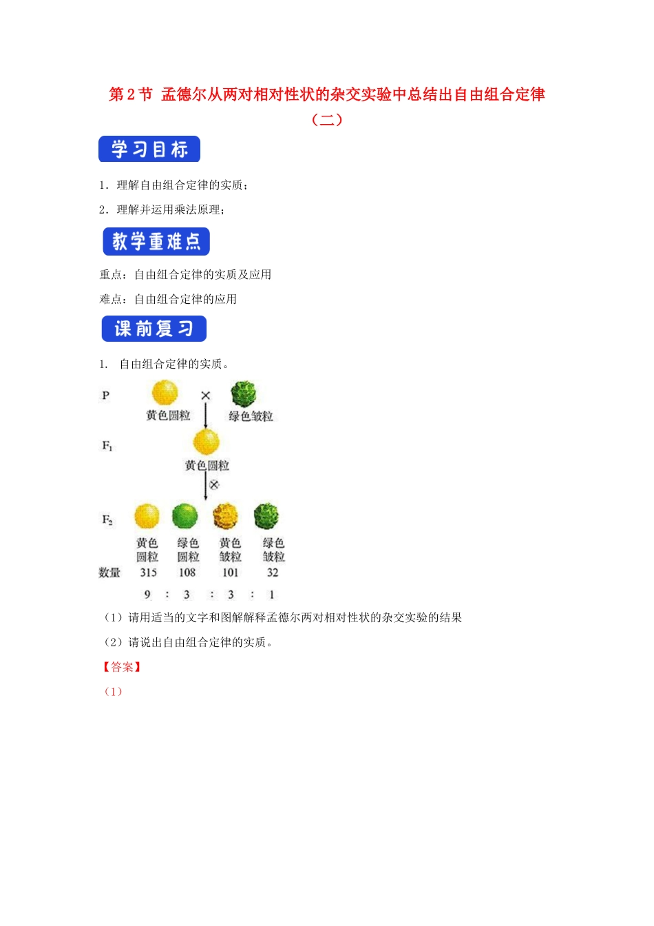 高中生物 第一章 孟德尔定律 第二节 孟德尔从两对相对性状的杂交实验中总结出自由组合定律学案（4）浙科版必修2-浙科版高一必修2生物学案_第1页