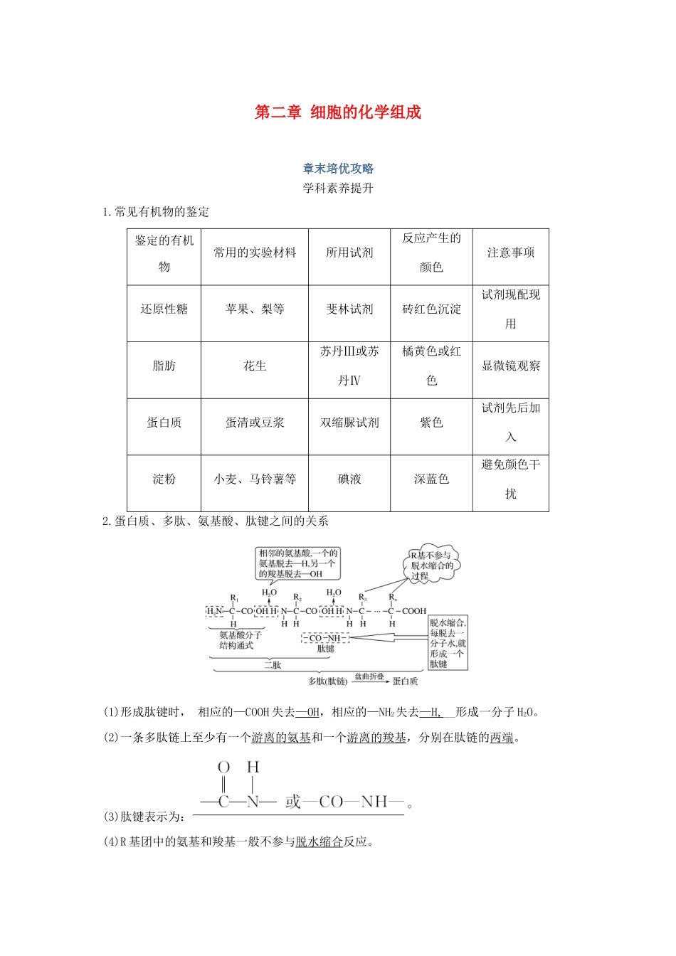 高中生物 第二章 细胞的化学组成章末培优攻略学案 苏教版必修1-苏教版高二必修1生物学案_第1页