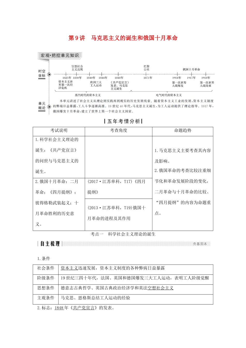 （江苏专用）高考历史一轮复习 第四单元 从科学社会主义理论到社会主义制度的建立 第9讲 马克思主义的诞生和俄国十月革命学案 新人教版-新人教版高三全册历史学案_第1页