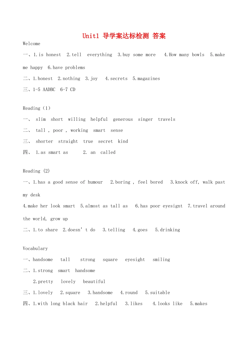 八年级英语Unit1 导学案达标检测 答案牛津版_第1页