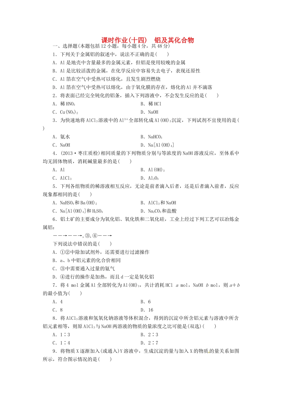 【金版新学案】高考化学总复习 课时作业十四 铝及其化合物 鲁科版_第1页