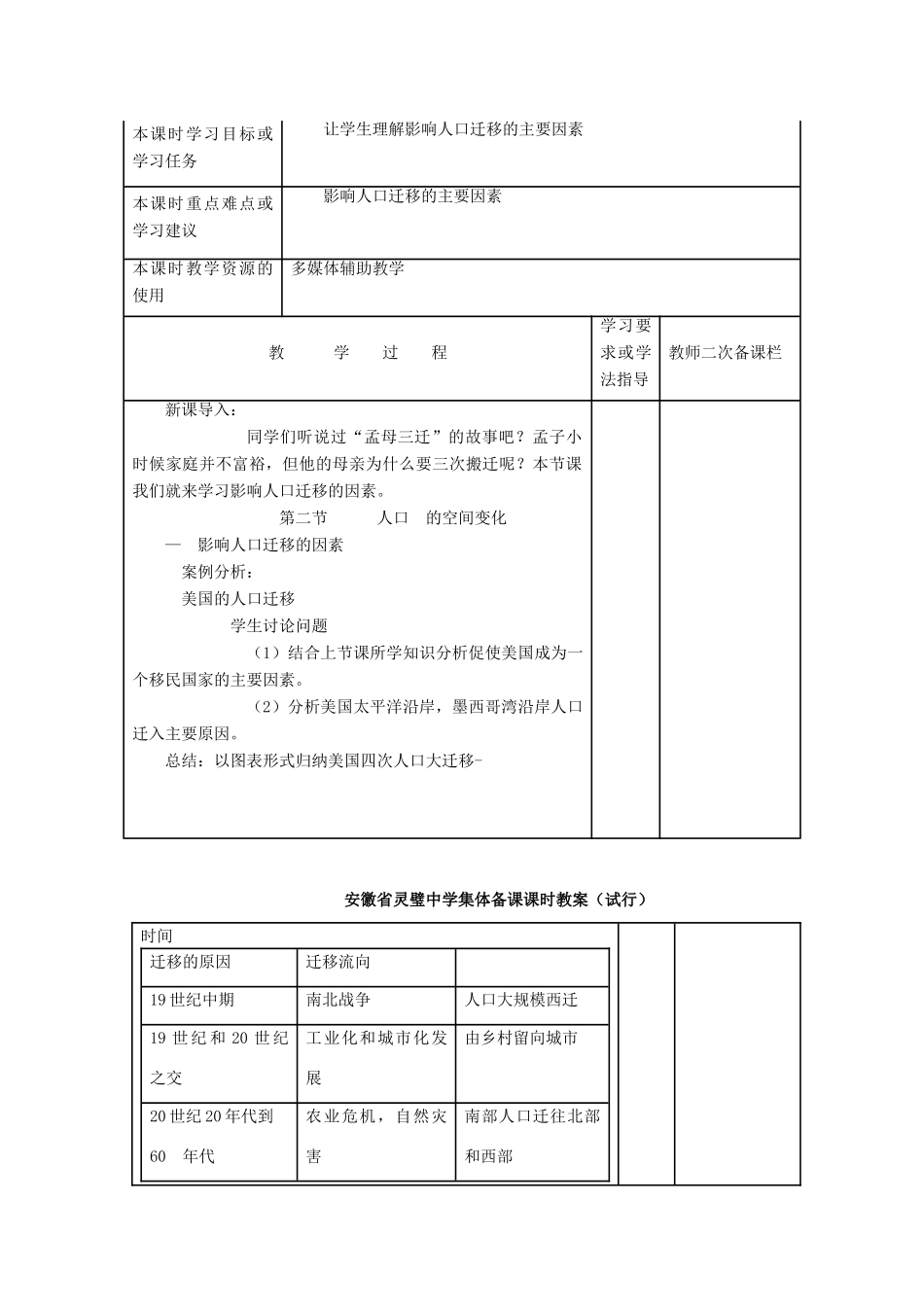 安徽省灵璧中学高一地理 人口的空间变化导学案1_第1页