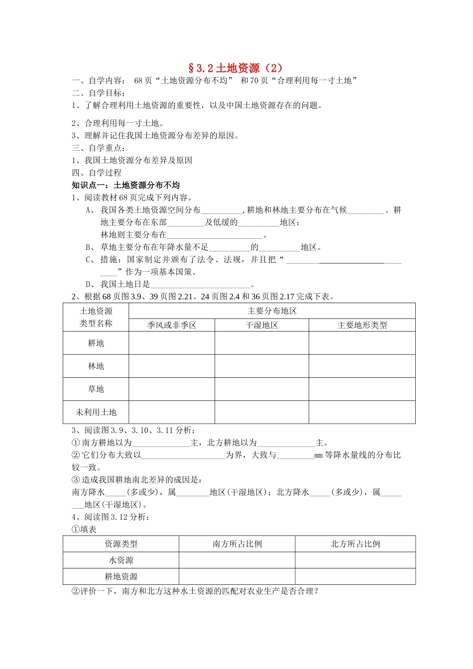 八年级地理上册 3.2《土地资源》自主导学案（2）（无答案）人教新课标版_第1页