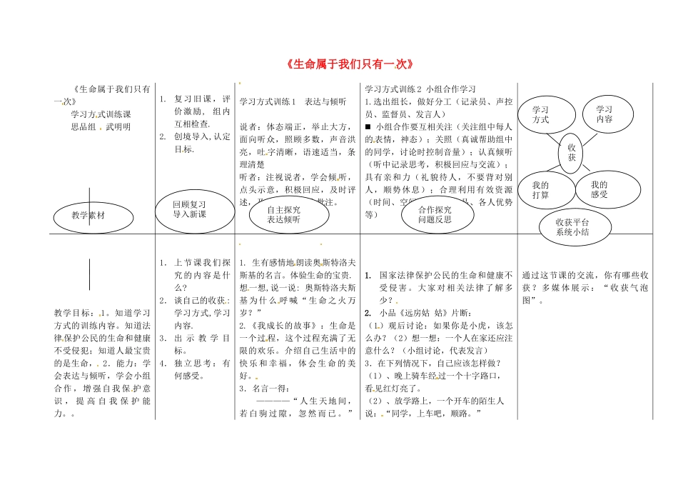 （秋季版）七年级政治上册 第9课 第4框 生命只有一次学案3 人民版（道德与法治）-人民版初中七年级上册政治学案_第1页