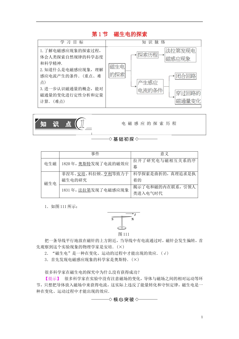 高中物理 第1章 电磁感应 第1节 磁生电的探索教师用书 鲁科版选修3-2-鲁科版高中选修3-2物理学案_第1页
