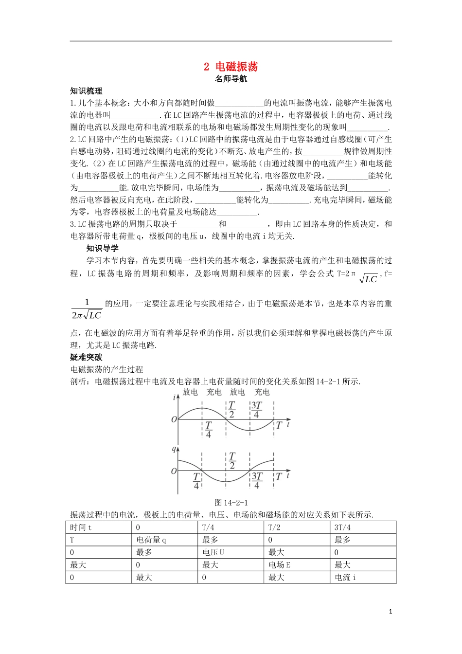 高中物理 第十四章 电磁波 2 电磁振荡名师导航学案 新人教版选修3-4-新人教版高二选修3-4物理学案_第1页