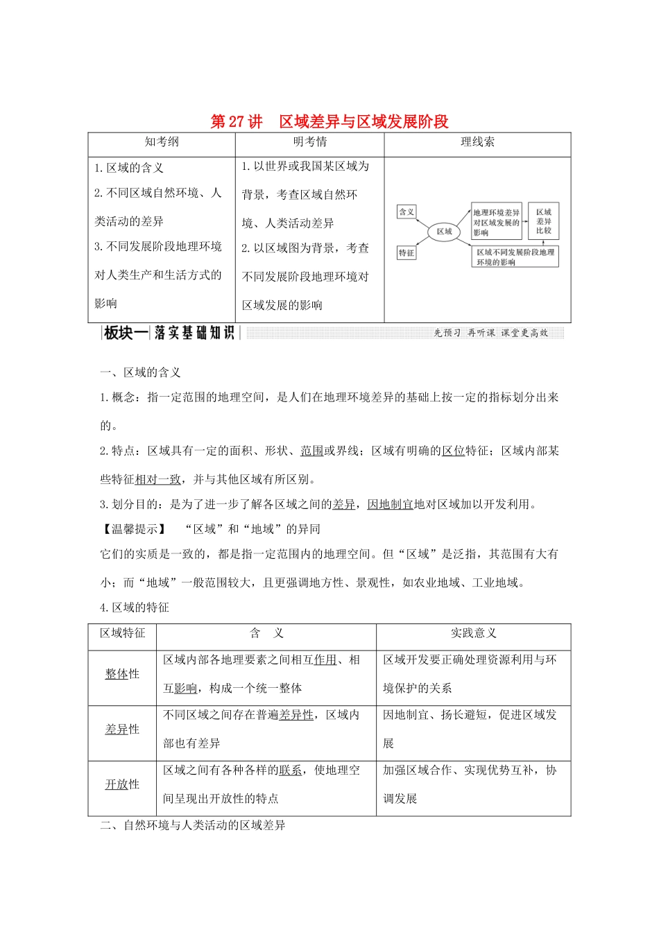高考地理大一轮复习 第十单元 区域地理环境与人类活动 第27讲 区域差异与区域发展阶段学案 鲁教版-鲁教版高三全册地理学案_第1页