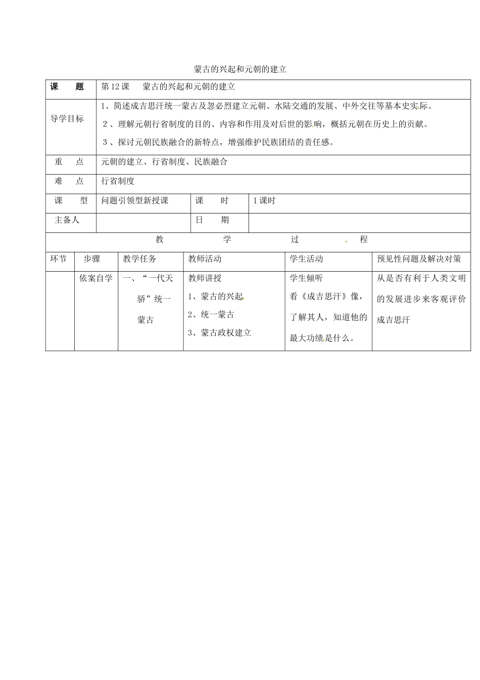 吉林省通化市七年级历史下册 第二单元 第12课 蒙古的兴起和元朝的建立导学案 鲁教版-鲁教版初中七年级下册历史学案_第1页