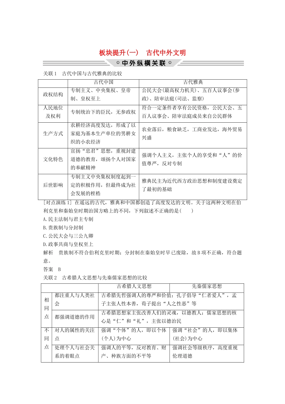 （通史版）高考历史二轮复习 板块一 农耕文明时代的世界与中国 板块提升（一）古代中外文明学案-人教版高三全册历史学案_第1页