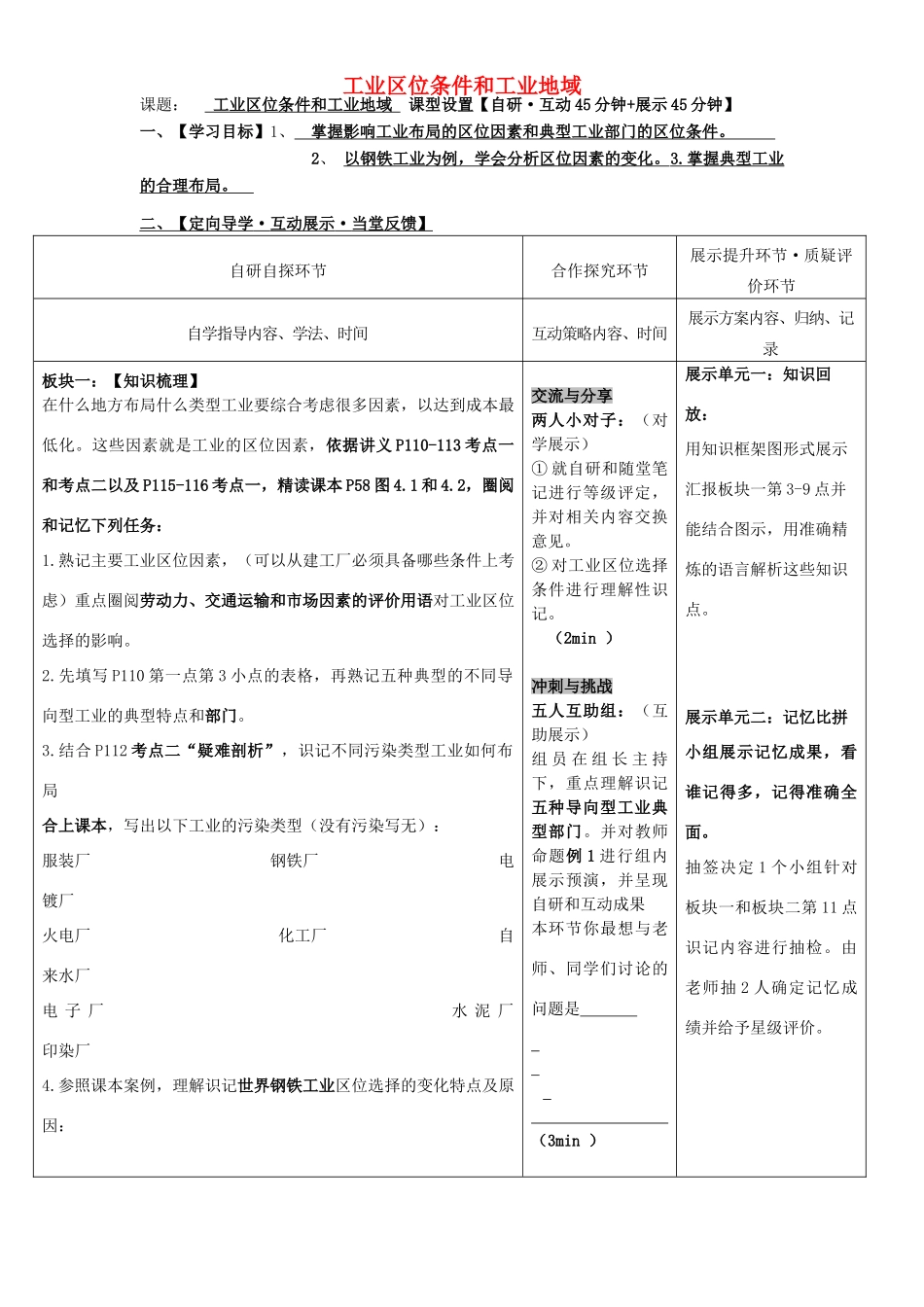安徽省铜陵市铜都双语学校高三地理 工业区位条件和工业地域复习学案_第1页