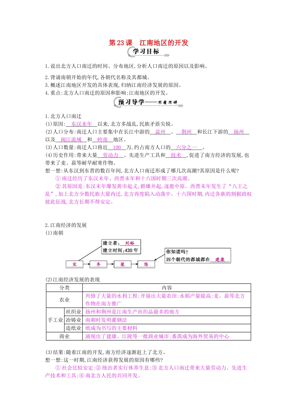 七年级历史上册 第23课《江南地区的开发》导学案 岳麓版-岳麓版初中七年级上册历史学案_第1页