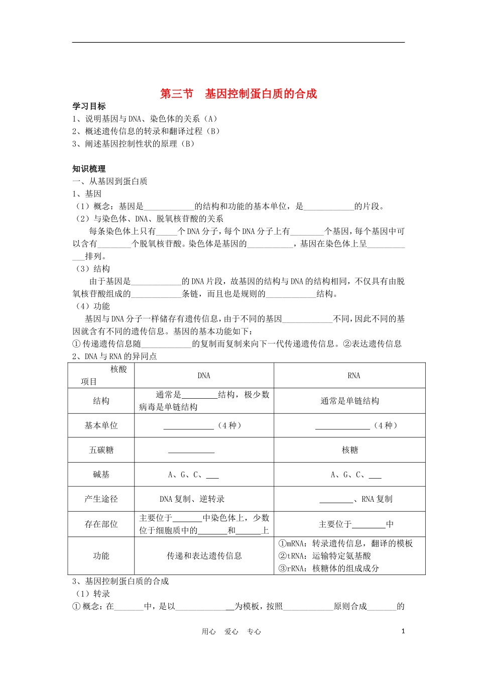 高中生物《基因控制蛋白质的合成》学案2 苏教版必修2_第1页