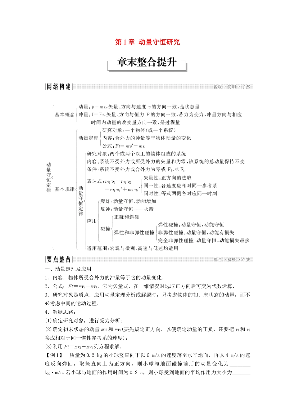 高中物理 第1章 动量守恒研究章末整合提升学案 鲁科版选修3-5-鲁科版高二选修3-5物理学案_第1页