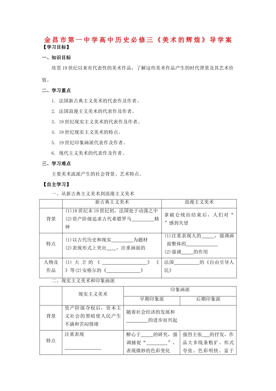 甘肃省金昌市第一中学高中历史《美术的辉煌》导学案 新人教版必修3_第1页