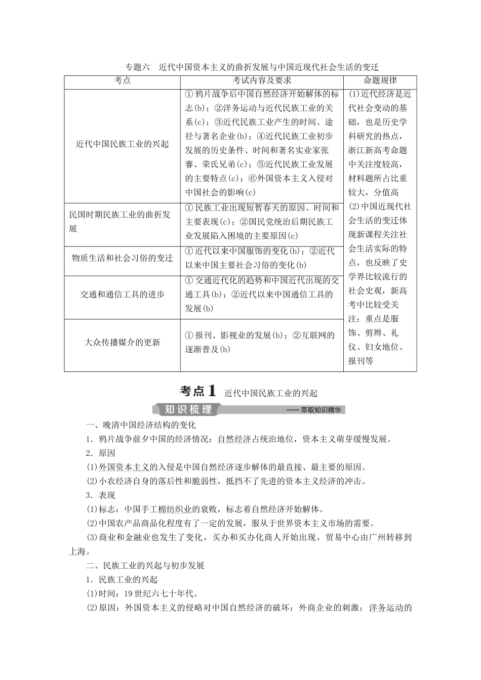 （浙江选考）高考历史大二轮复习 上篇 板块二 专题六 近代中国资本主义的曲折发展与中国近现代社会生活的变迁学案 人民版-人民版高三全册历史学案_第1页