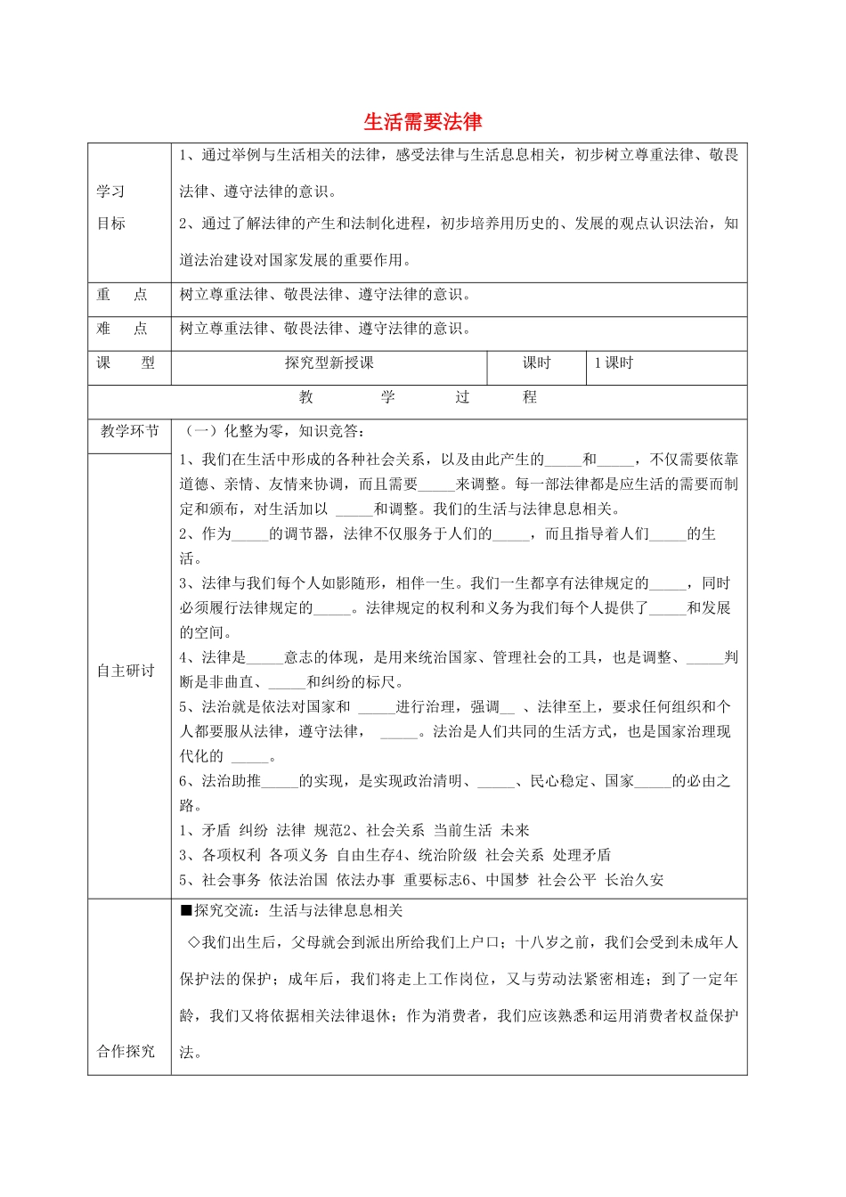 七年级道德与法治下册 第四单元 走进法治天地 第九课 法律在我们身边 第1框 生活需要法律学案1 新人教版-新人教版初中七年级下册政治学案_第1页