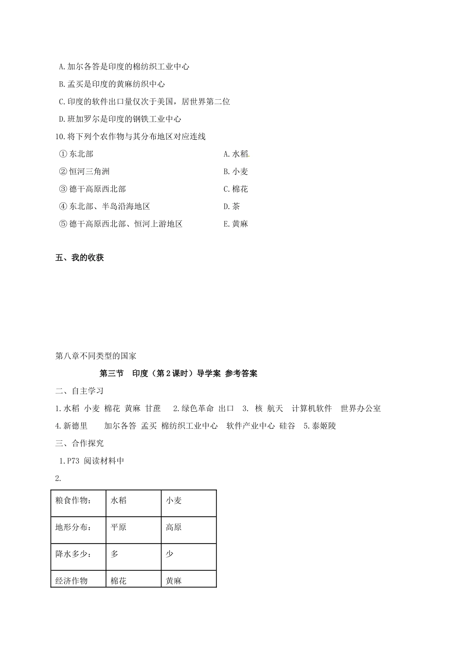 广西北海市七年级地理下册 第八章 第三节 印度（第2课时）学案 （新版）商务星球版-（新版）商务星球版初中七年级下册地理学案_第3页