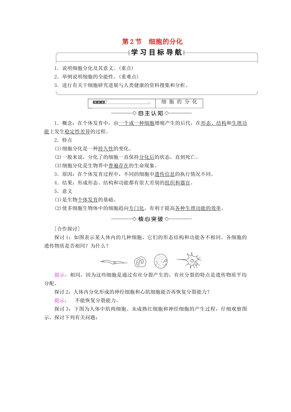 高中生物 第六章 细胞的生命历程 第2节 细胞的分化学案 新人教版必修1-新人教版高一必修1生物学案_第1页