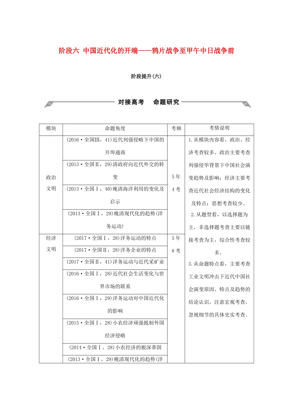 （通史版）高考历史大一轮复习 阶段六 中国近代化的开端——鸦片战争至甲午中日战争前阶段提升学案 岳麓版-岳麓版高三全册历史学案_第1页
