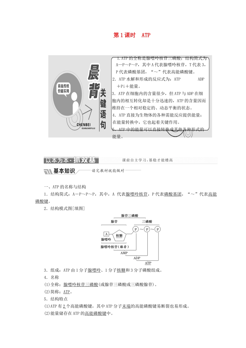 高中生物 第四章 光合作用和细胞呼吸 第一节 ATP和酶 第1课时 ATP学案 苏教版必修1-苏教版高一必修1生物学案_第1页