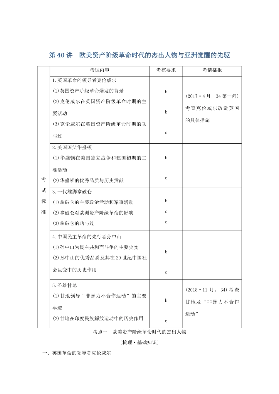 （浙江选考）高考历史一轮复习 中外历史人物评说 第40讲 欧美资产阶级革命时代的杰出人物与亚洲觉醒的先驱学案-人教版高三全册历史学案_第1页