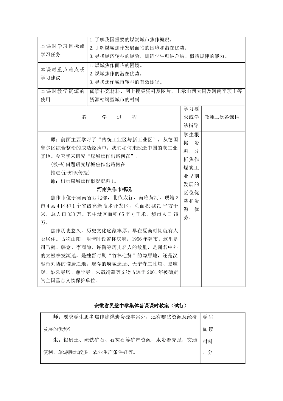 安徽省灵璧中学高一地理 4.4 煤城焦作出路何在导学案_第1页