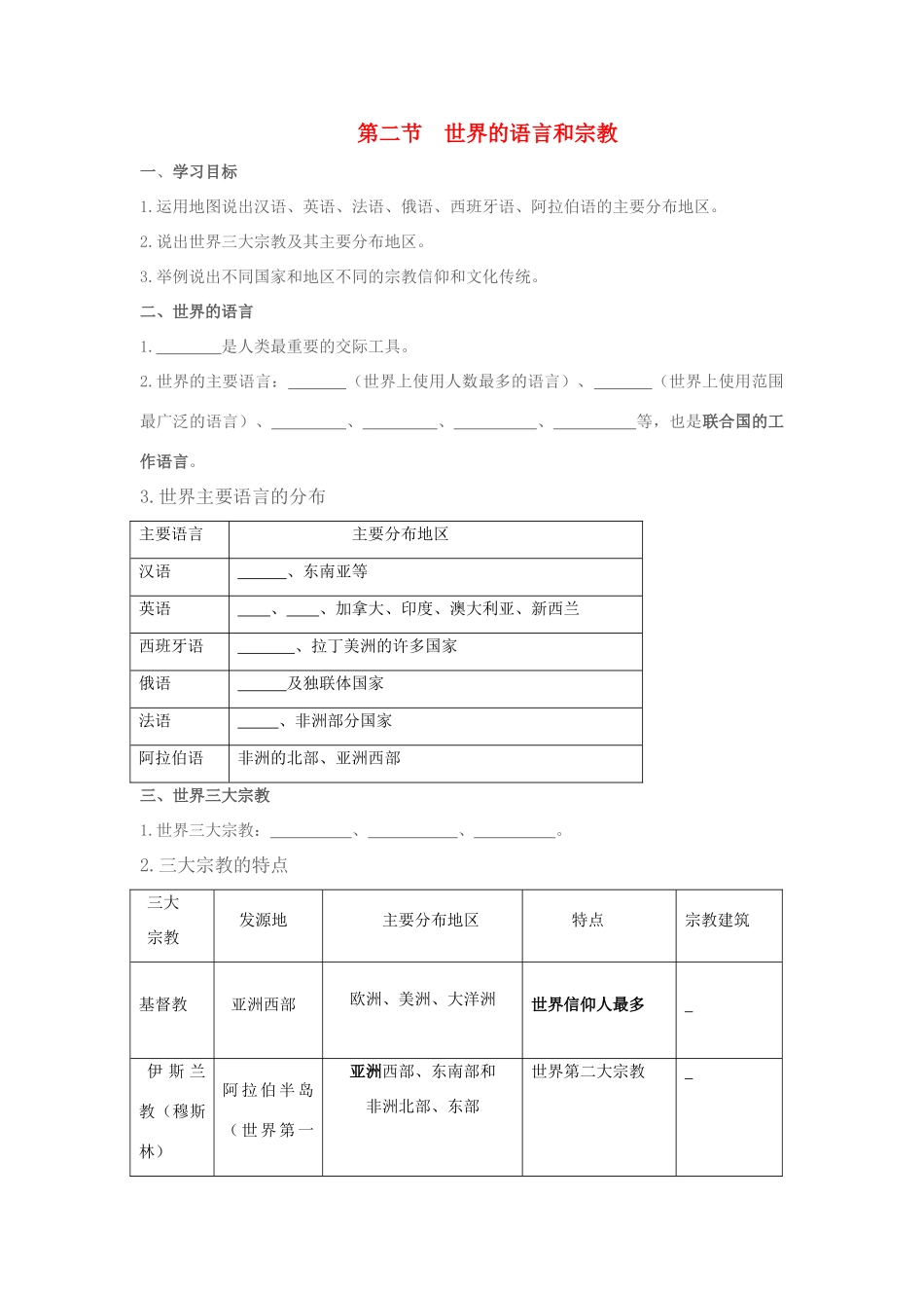 七年级地理上册 第二节世界的语言和宗教学案（无答案） 人教新课标版_第1页