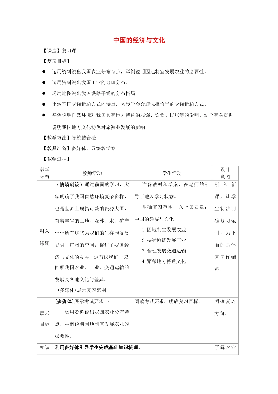-八年级地理上册 第4章 中国的经济与文化复习优秀教案 （新版）商务星球版-（新版）商务星球版初中八年级上册地理教案_第1页