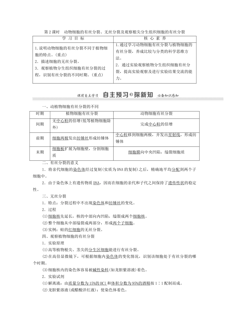 高中生物 第6章 细胞的生命历程 第1节 第2课时 动物细胞的有丝分裂、无丝分裂及观察根尖分生组织细胞的有丝分裂学案 新人教版必修1-新人教版高一必修1生物学案_第1页