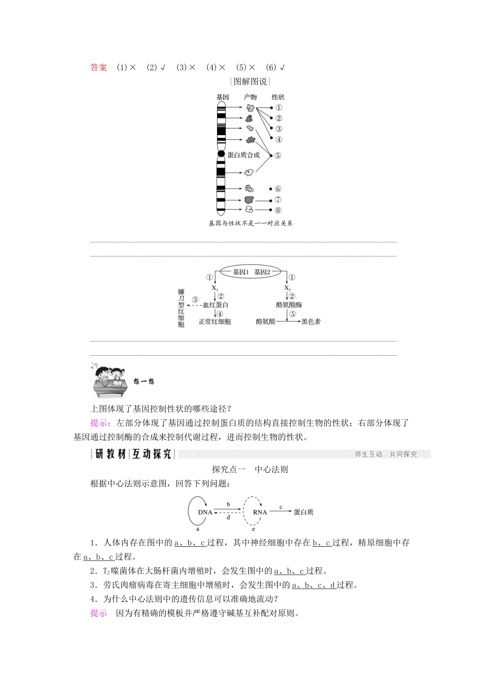 高中生物 第四章 遗传的分子基础 第15课时 基因对性状的控制及人类基因组计划学案 苏教版必修2-苏教版高一必修2生物学案_第2页