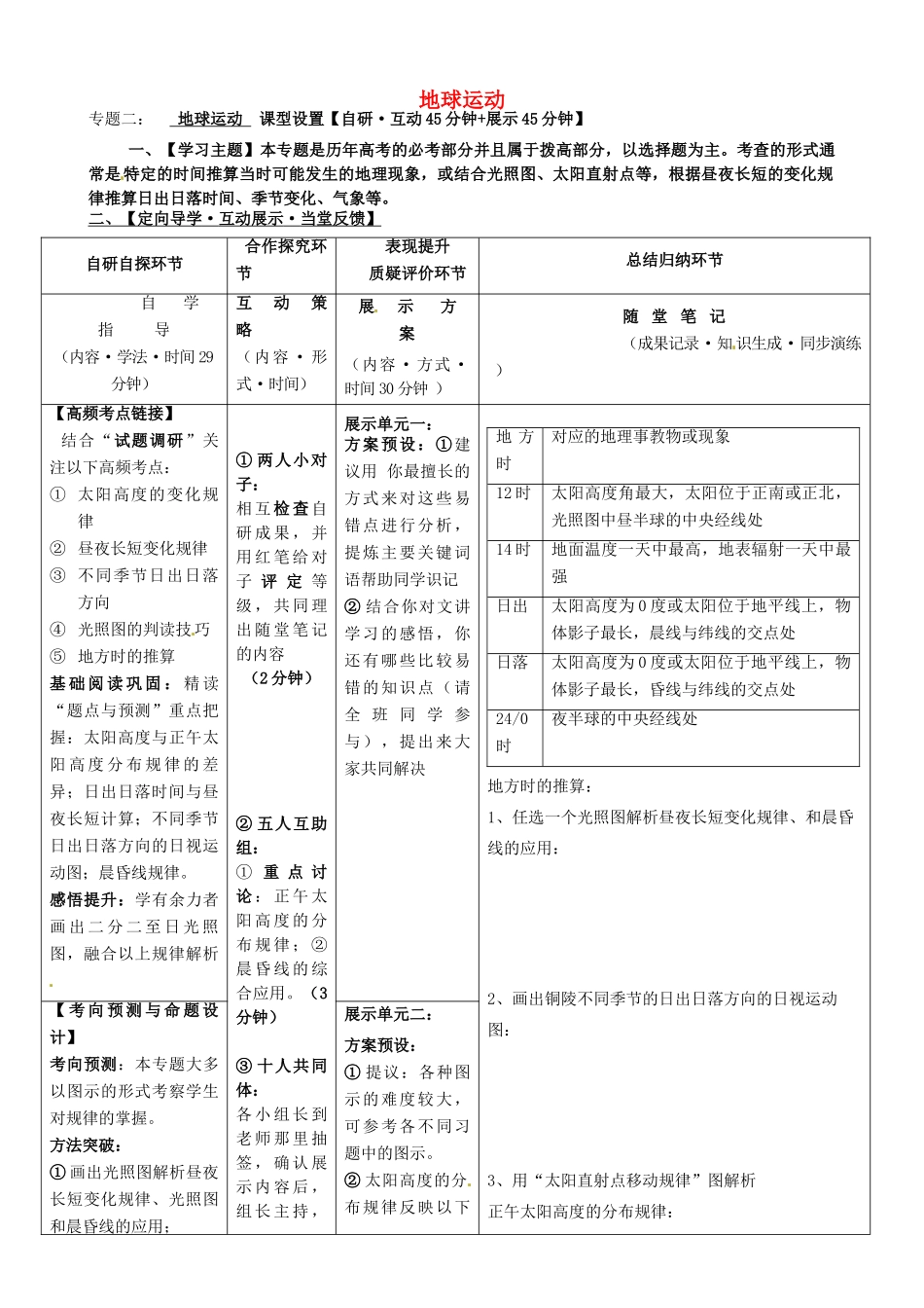 安徽省铜陵市铜都双语学校高三地理 地球运动复习学案2_第1页