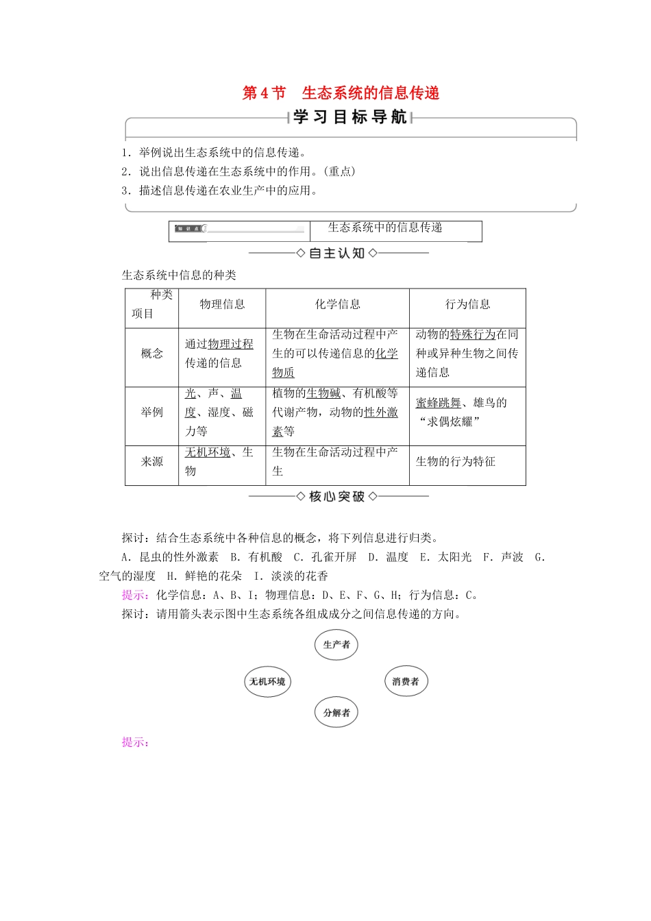 高中生物 第五章 生态系统及其稳定性 第4节 生态系统的信息传递学案 新人教版必修3-新人教版高一必修3生物学案_第1页
