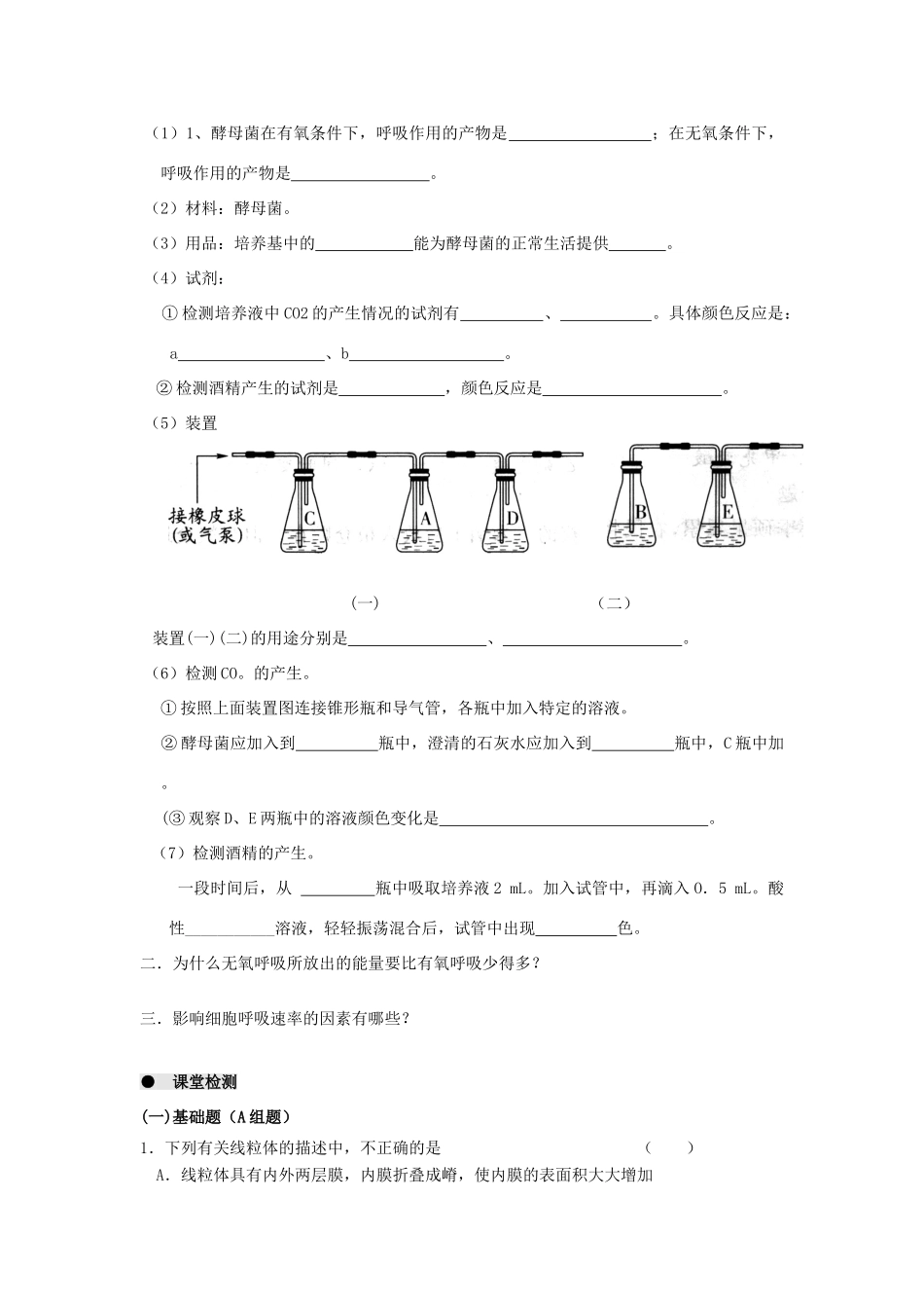 高中生物 第五章 细胞的能量供应和利用 5.3 ATP的主要来源-----细胞呼吸（2）学案 新人教版必修1-新人教版高一必修1生物学案_第2页