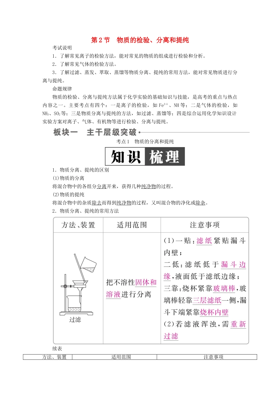 （全国版）高考化学一轮复习 第11章 化学实验 第2节 物质的检验、分离和提纯学案-人教版高三全册化学学案_第1页